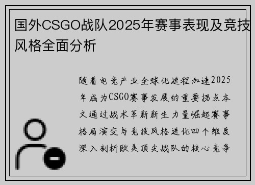 国外CSGO战队2025年赛事表现及竞技风格全面分析